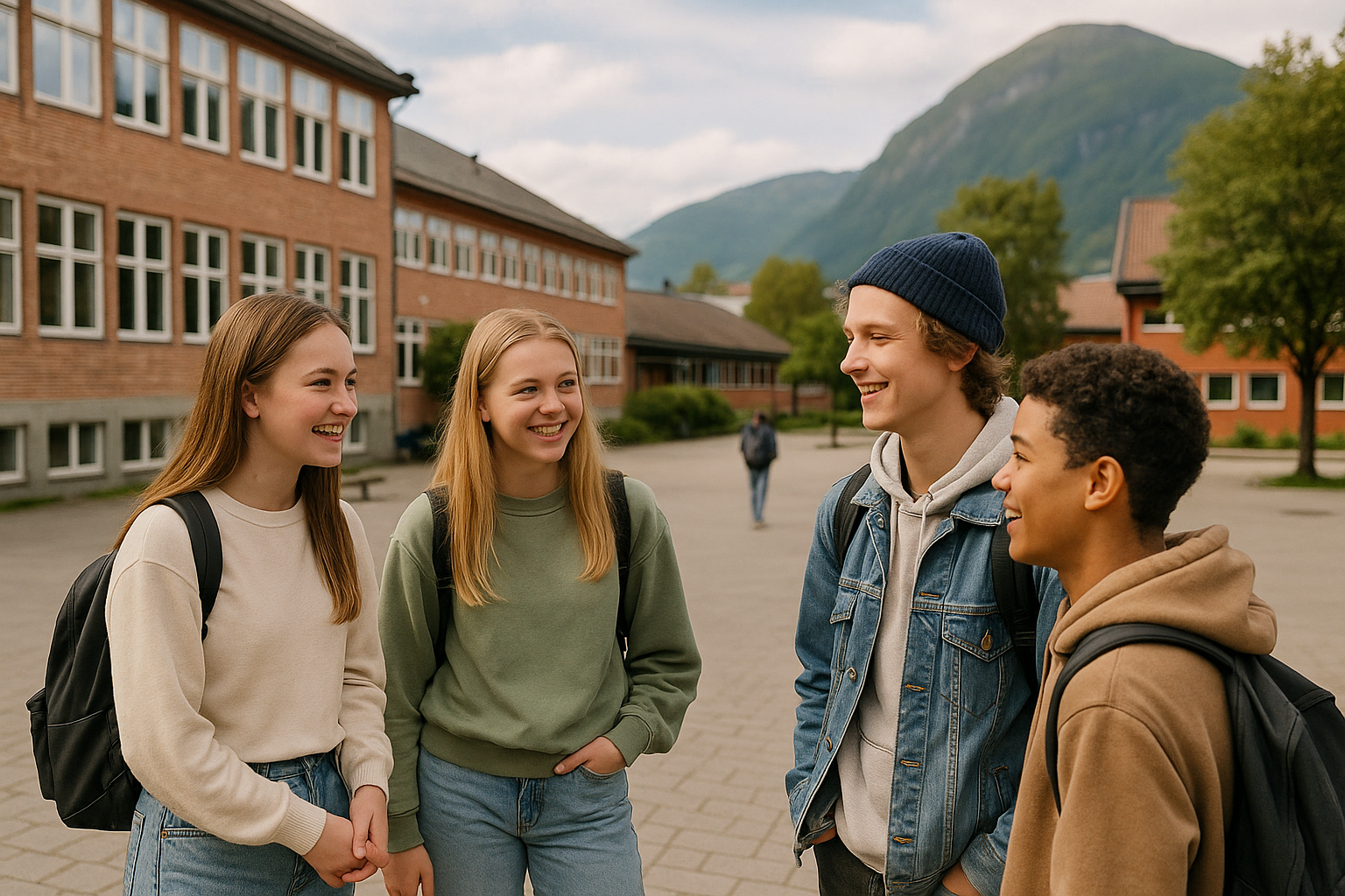Ungdommer i en norsk skolegård som snakker sammen.
