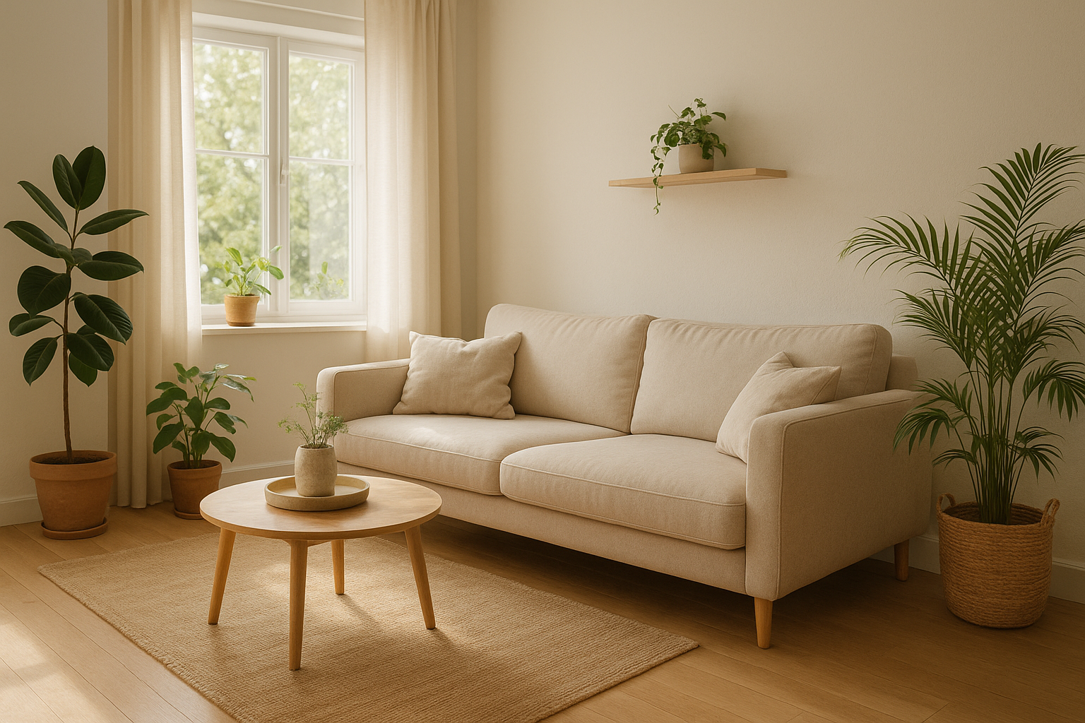 Vennlig rom med naturlig lys og planter.