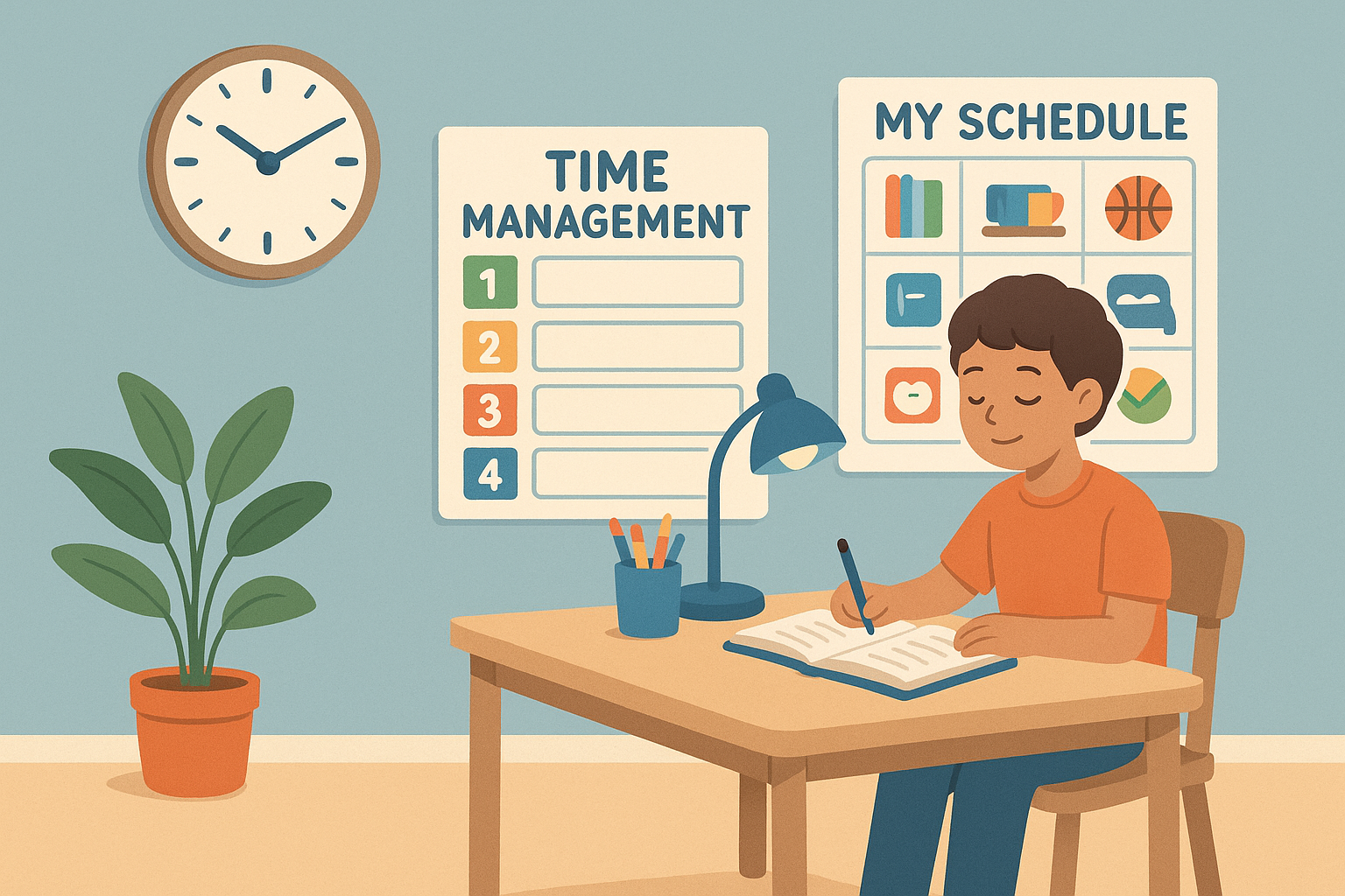 A peaceful study area with a clock and visual schedules for time management.