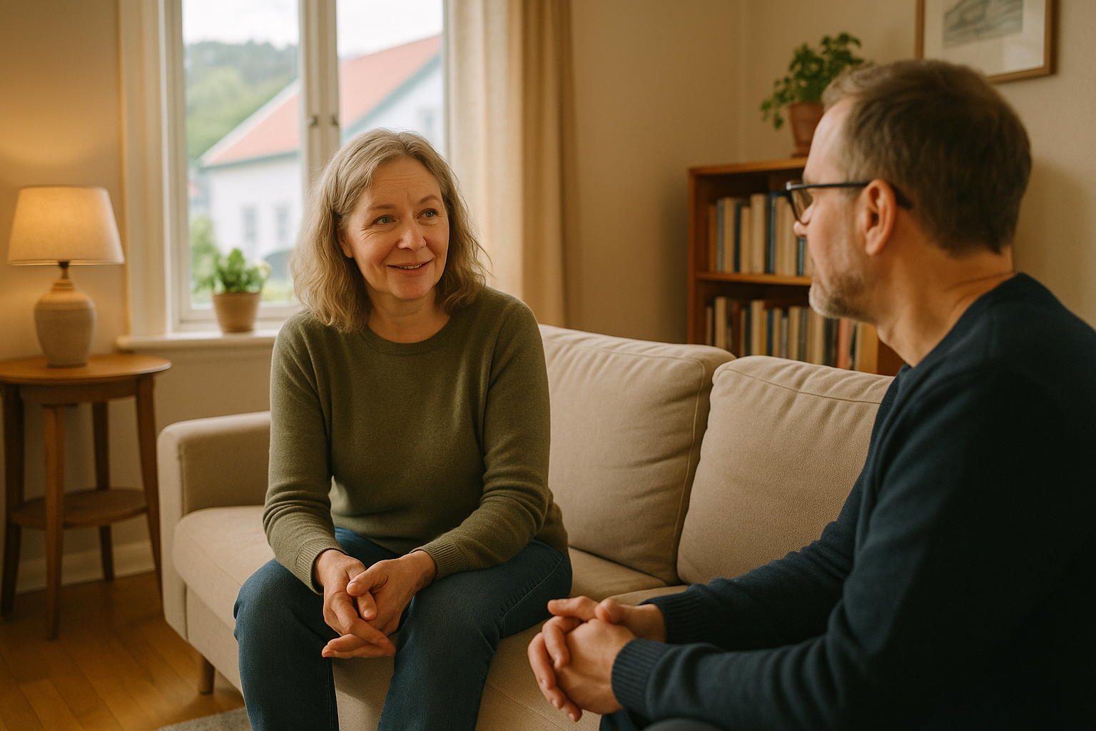 To voksne som snakker sammen i en koselig stue.