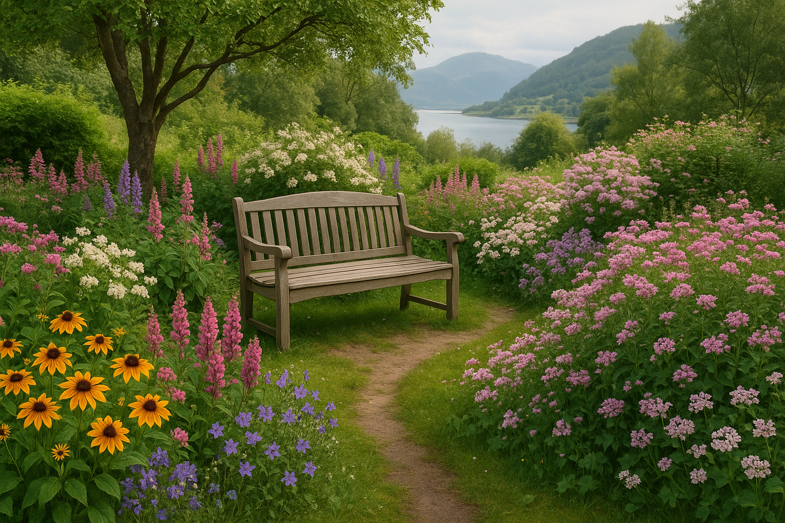 En hage med blomster og en benk.