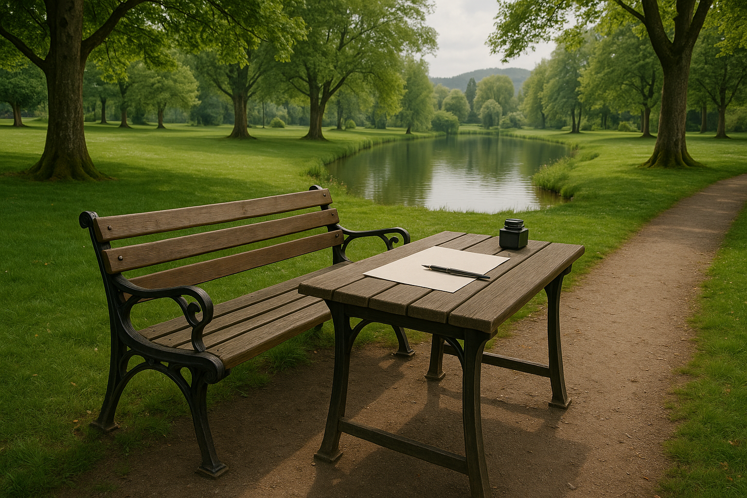 En benk i en norsk park med skriveutstyr.