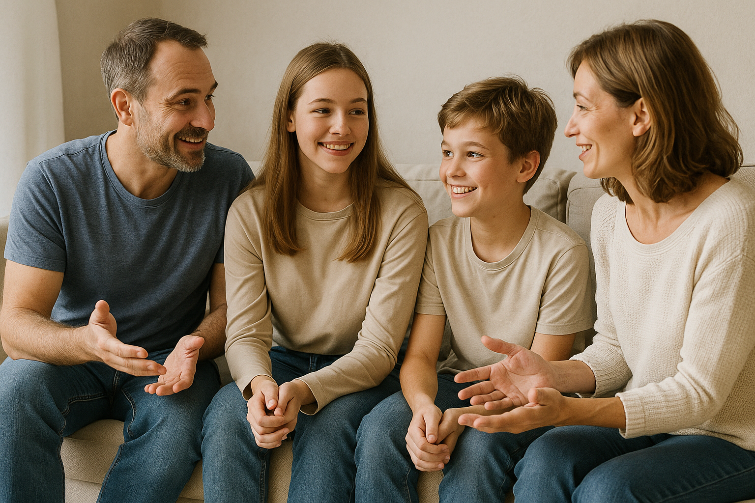 Familie som snakker sammen i et trygt miljø.