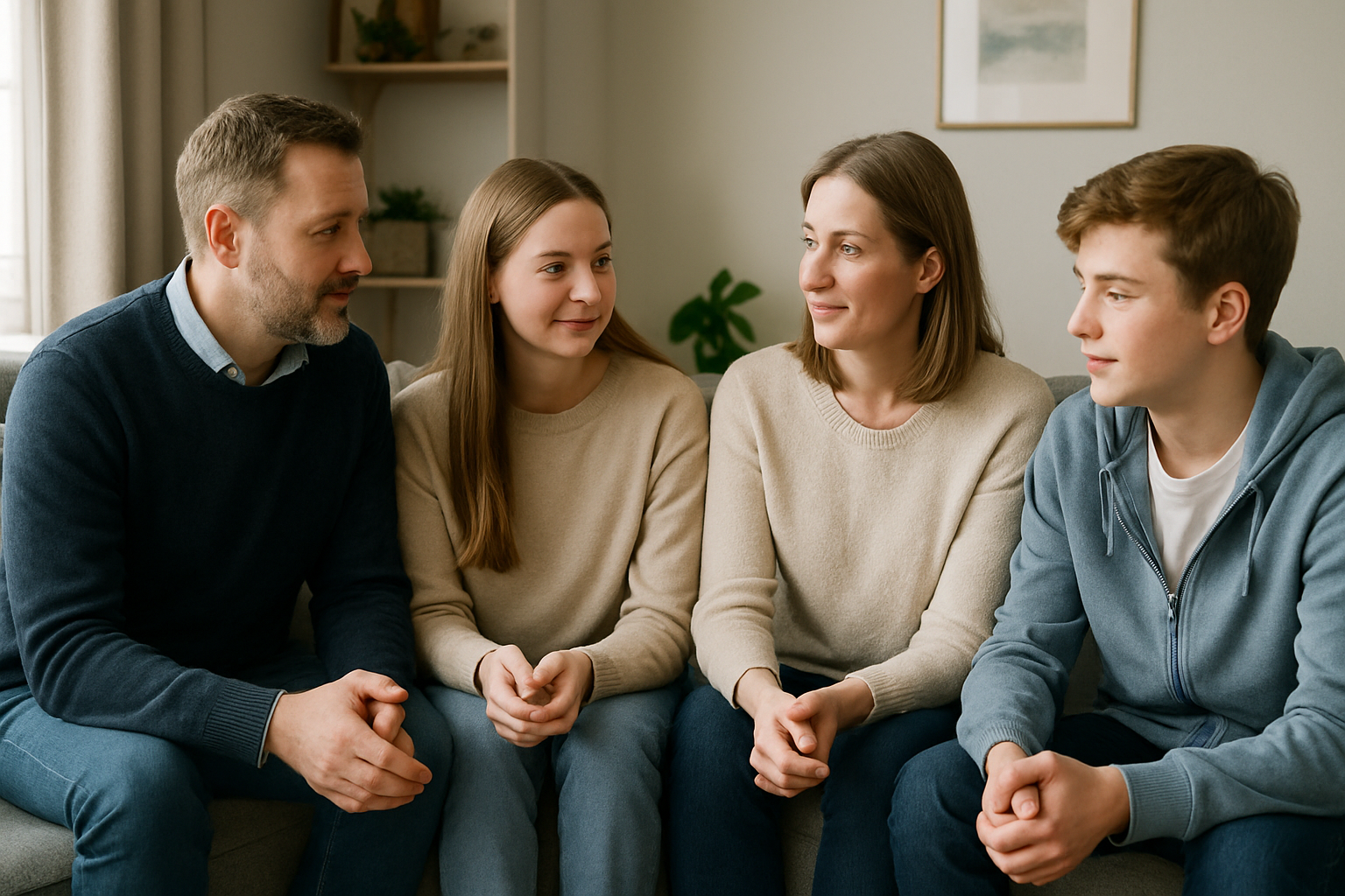 Familie som snakker sammen om skole.