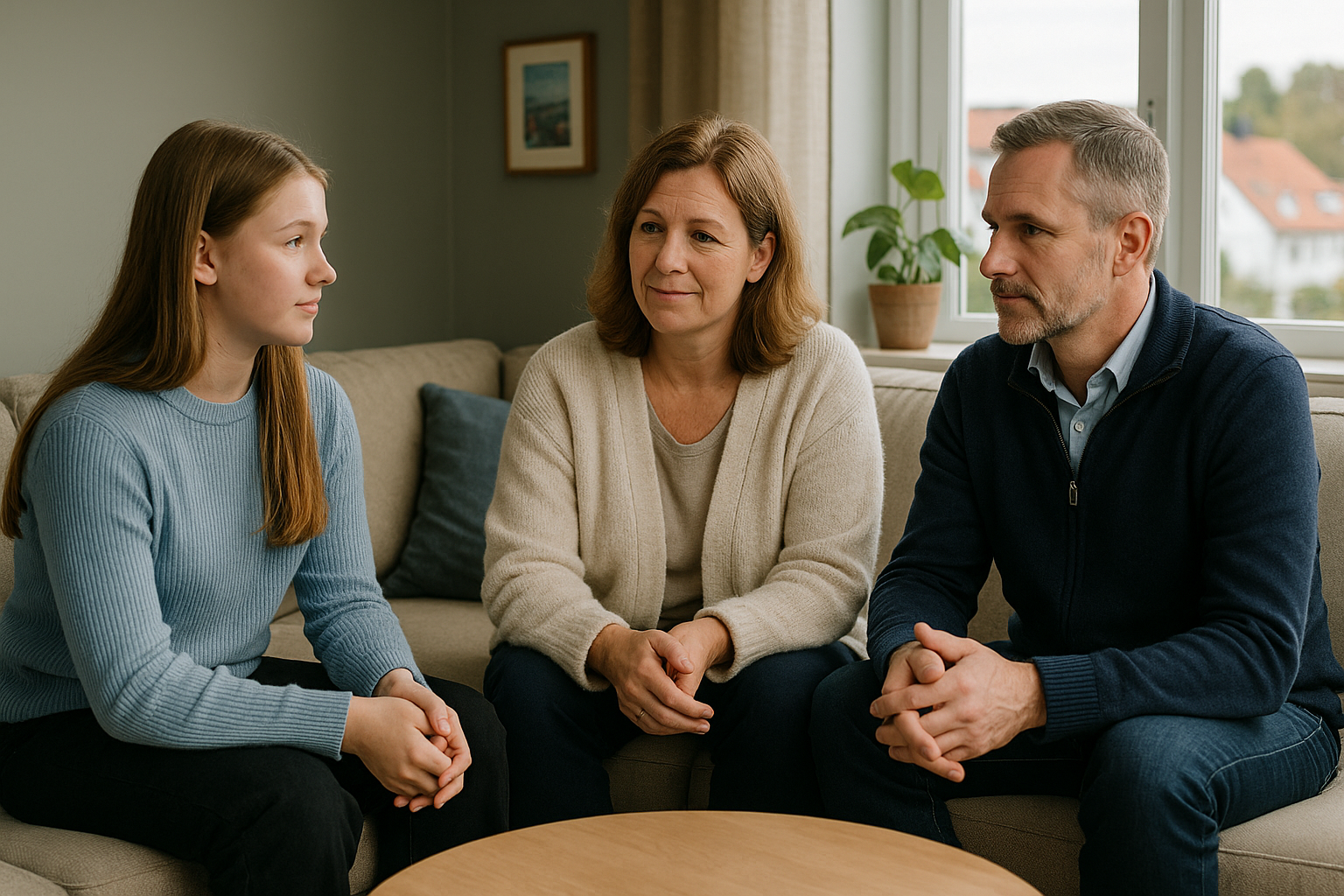 Familie som snakker sammen i et hjemmemiljø.