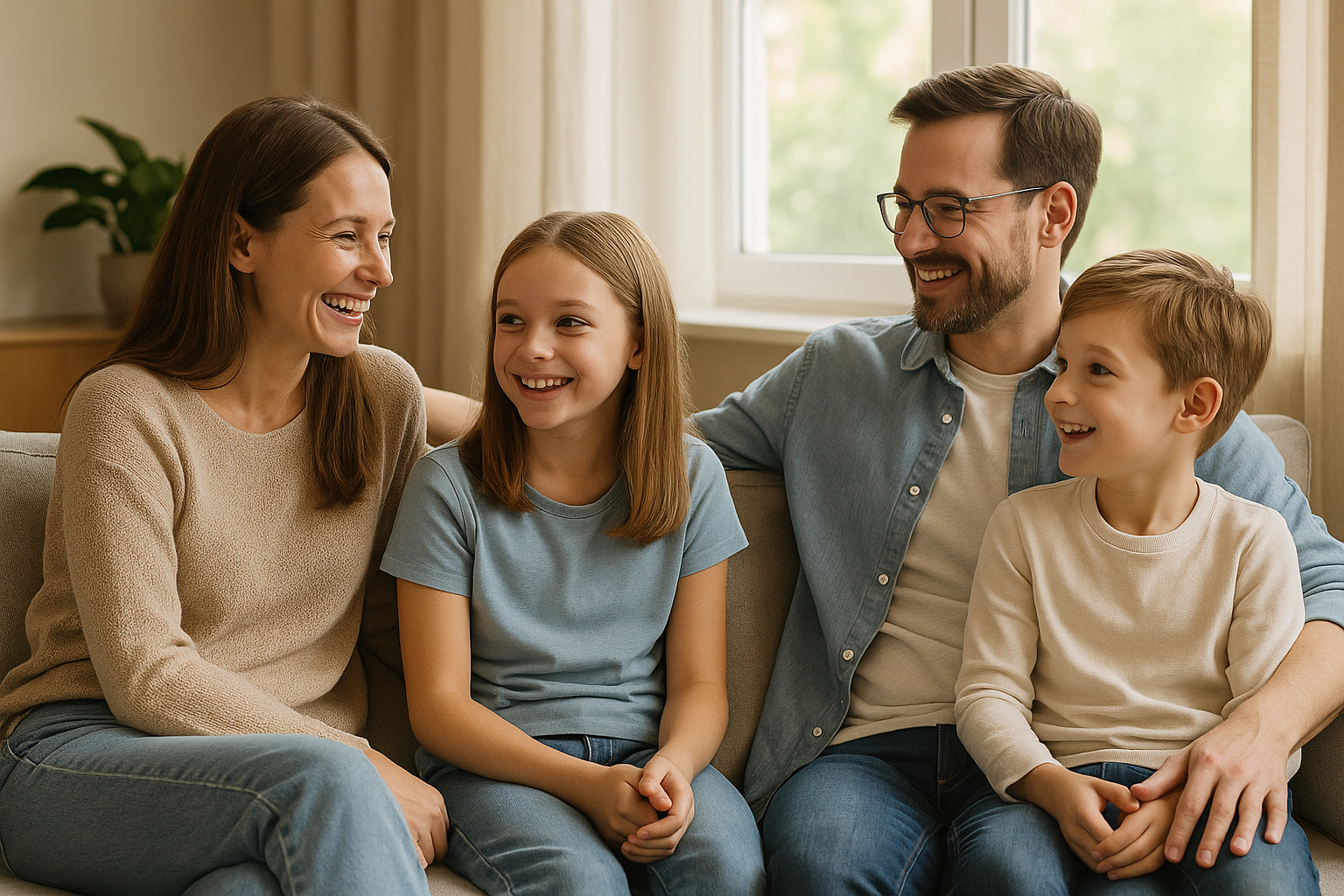 Familie i stuen som snakker sammen.